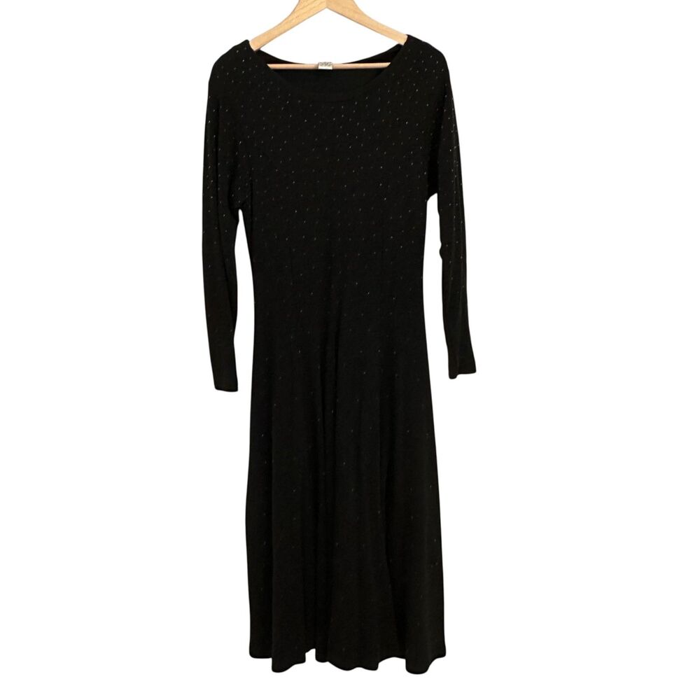 Ellen Ashley Black Long Sleeve Cotton Gold Beaded Stretchy Maxi Dress 80's M